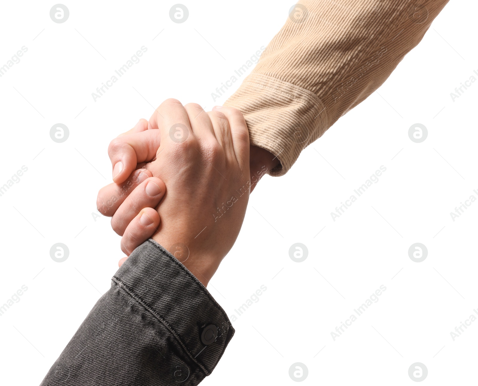 Photo of Help and support. People holding hands on white background, closeup