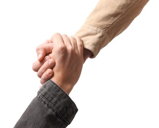 Photo of Help and support. People holding hands on white background, closeup