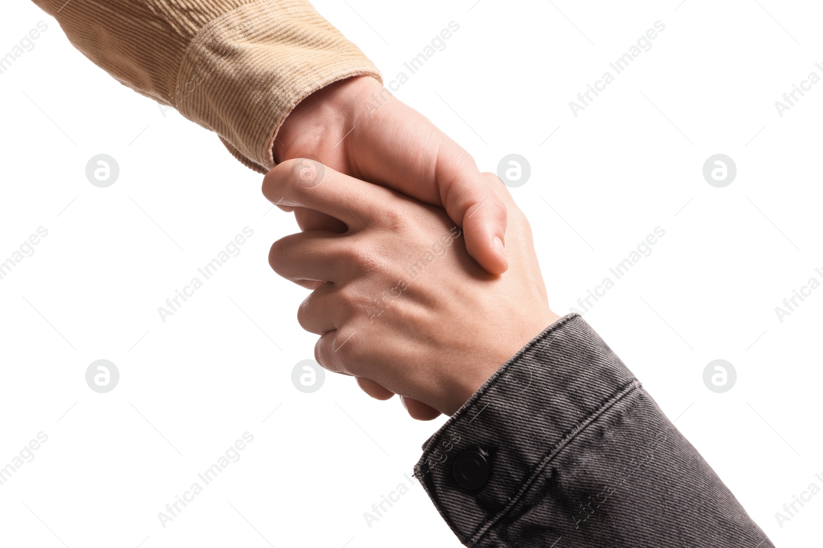 Photo of Help and support. People holding hands on white background, closeup