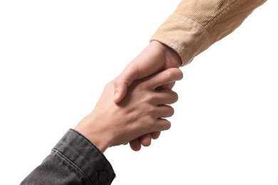 Photo of Help and support. People holding hands on white background, closeup