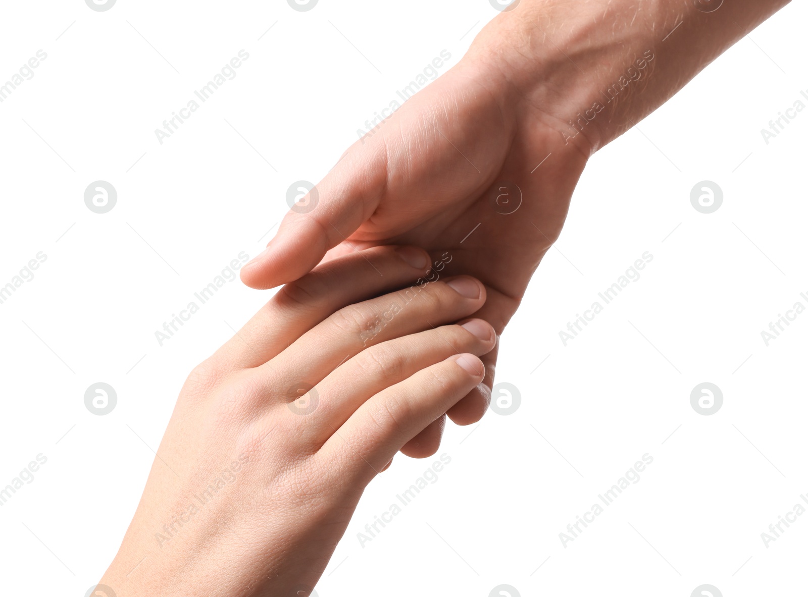 Photo of Help and support. People holding hands on white background, closeup