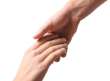 Photo of Help and support. People holding hands on white background, closeup