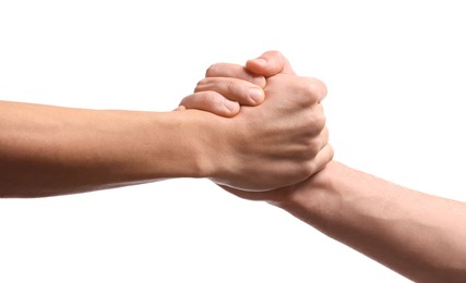 Photo of Help and support. People holding hands on white background, closeup