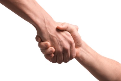 Photo of Help and support. People holding hands on white background, closeup