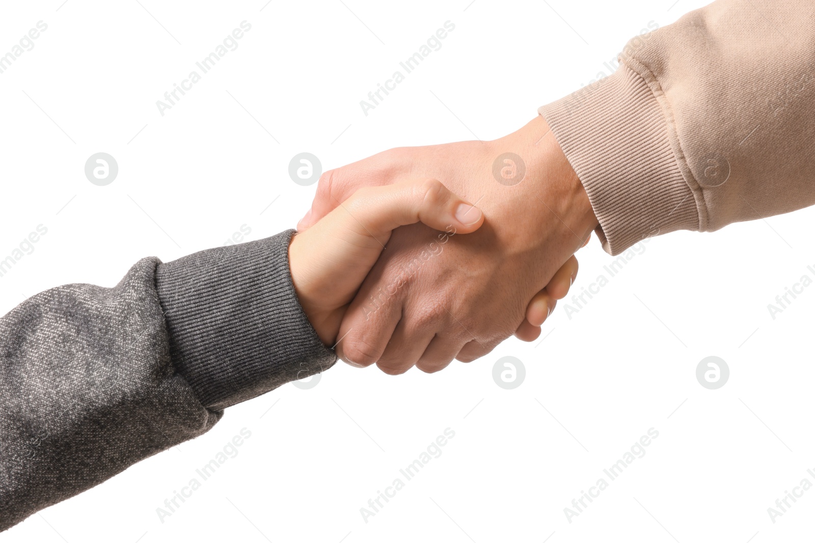 Photo of Help and support. People holding hands on white background, closeup