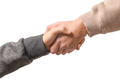 Photo of Help and support. People holding hands on white background, closeup