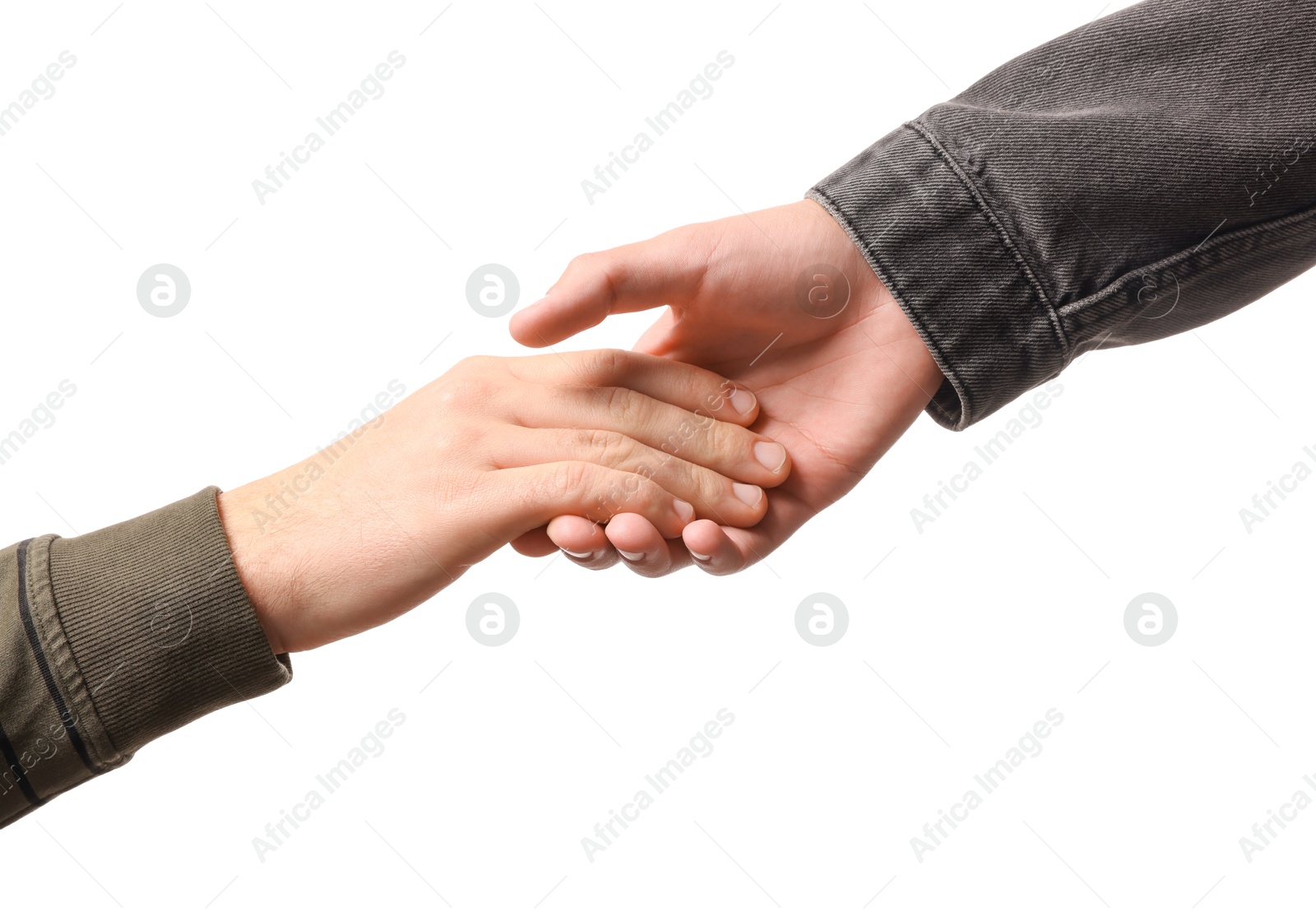 Photo of Help and support. People holding hands on white background, closeup