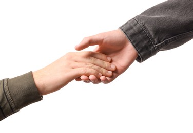 Photo of Help and support. People holding hands on white background, closeup