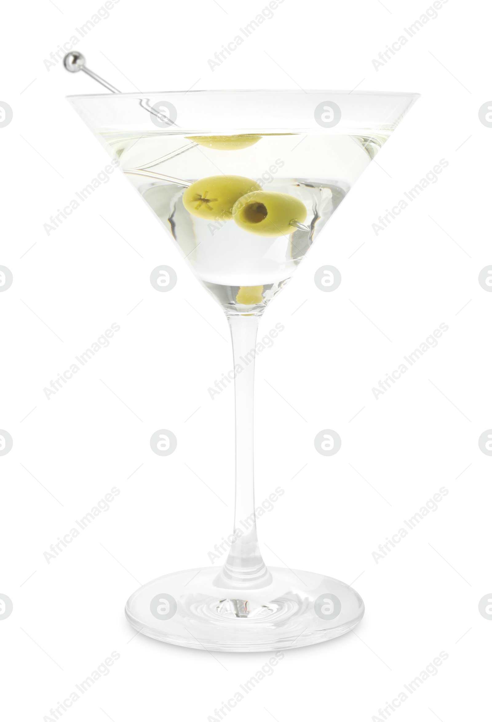 Photo of Martini cocktail with olives in glass isolated on white