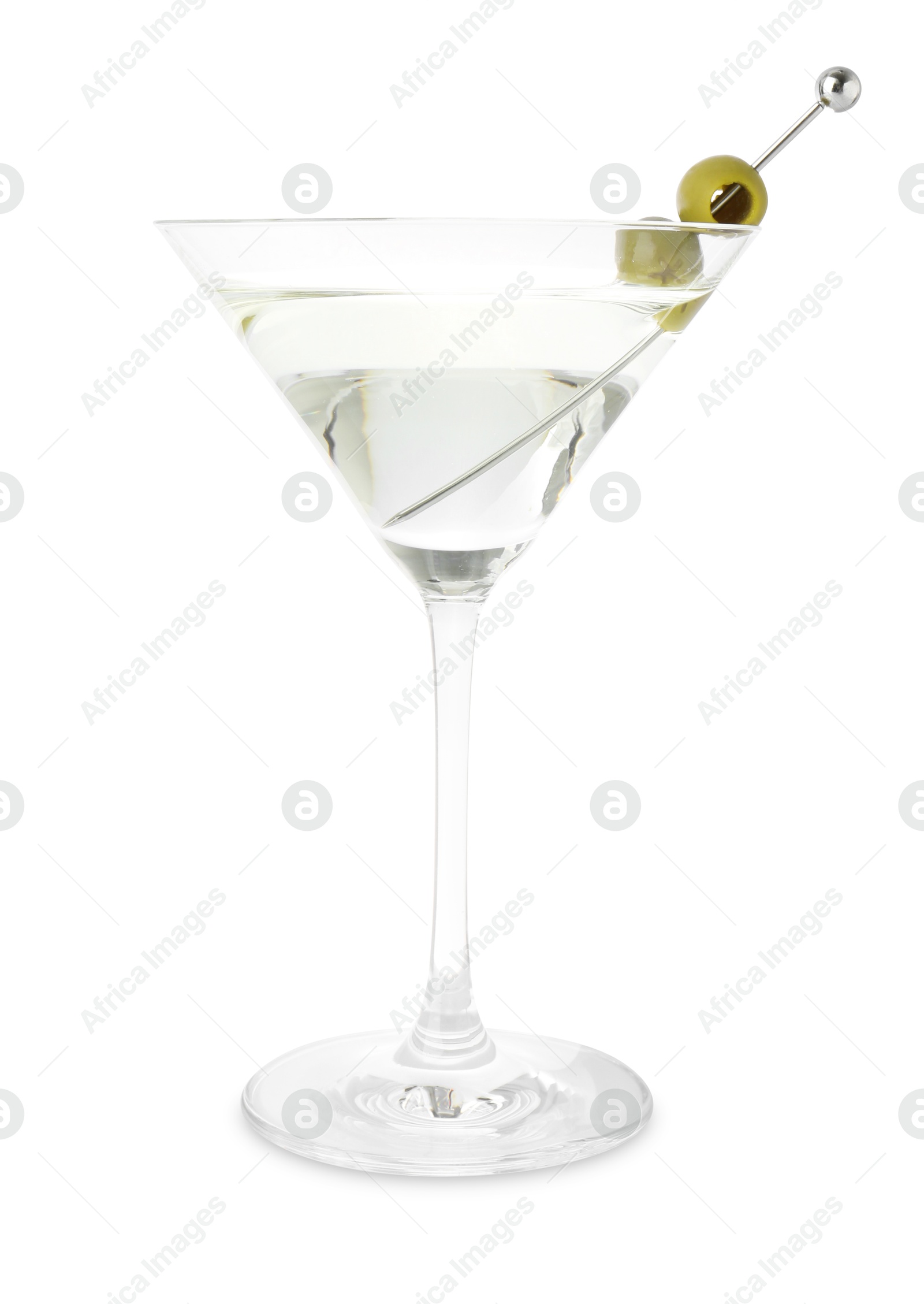 Photo of Martini cocktail with olives in glass isolated on white