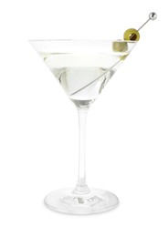 Photo of Martini cocktail with olives in glass isolated on white