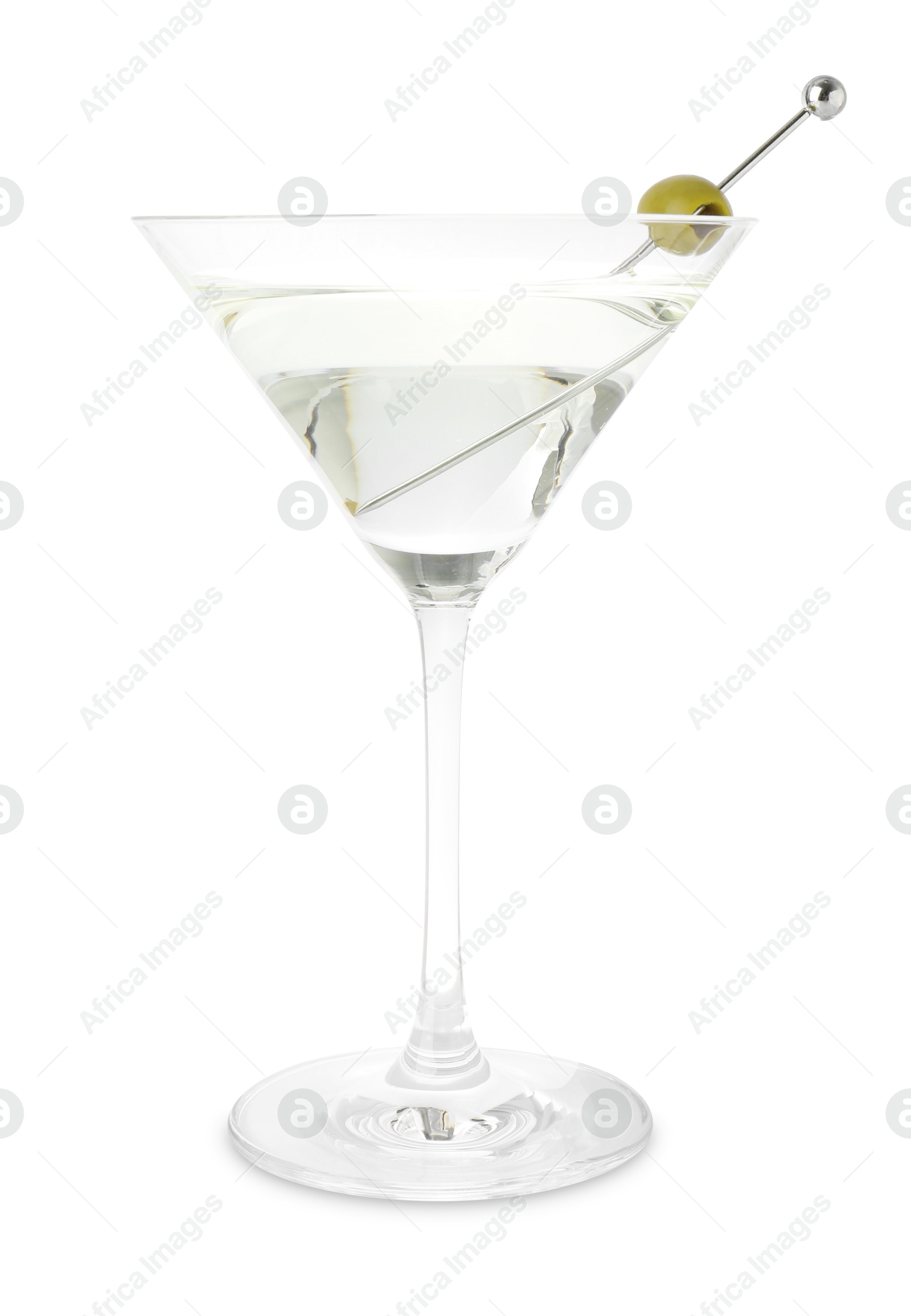 Photo of Martini cocktail with olive in glass isolated on white