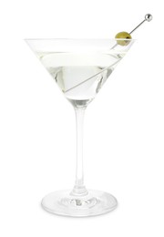 Photo of Martini cocktail with olive in glass isolated on white