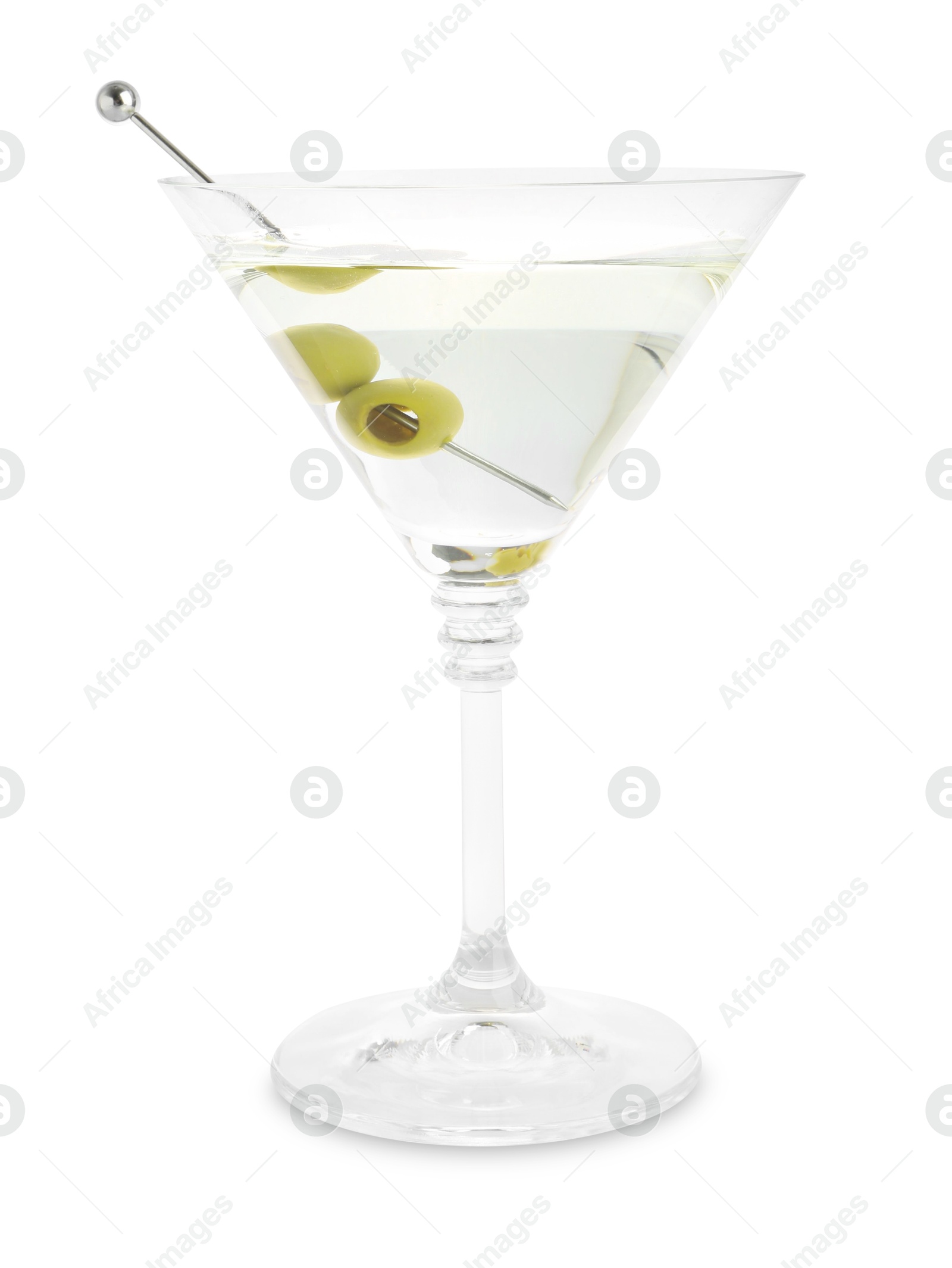 Photo of Martini cocktail with olives in glass isolated on white