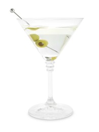 Photo of Martini cocktail with olives in glass isolated on white