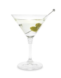 Photo of Martini cocktail with olives in glass isolated on white