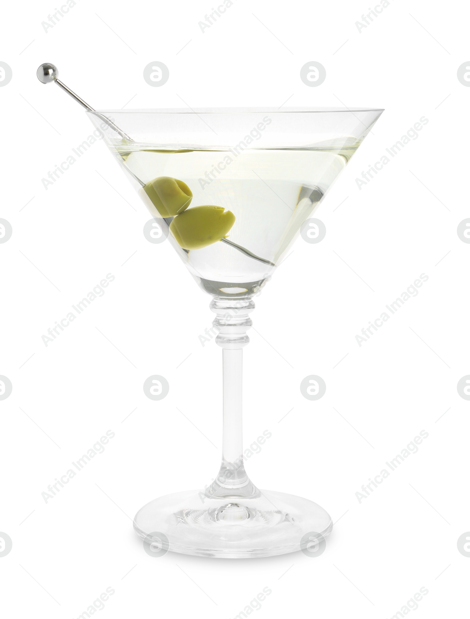 Photo of Martini cocktail with olives in glass isolated on white