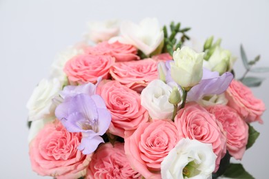 Photo of Beautiful wedding bouquet on light background, closeup