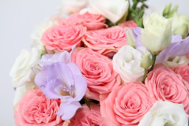 Photo of Beautiful wedding bouquet on light background, closeup