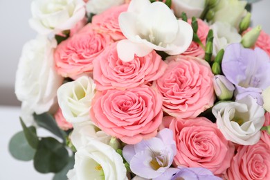 Photo of Beautiful wedding bouquet on light background, closeup