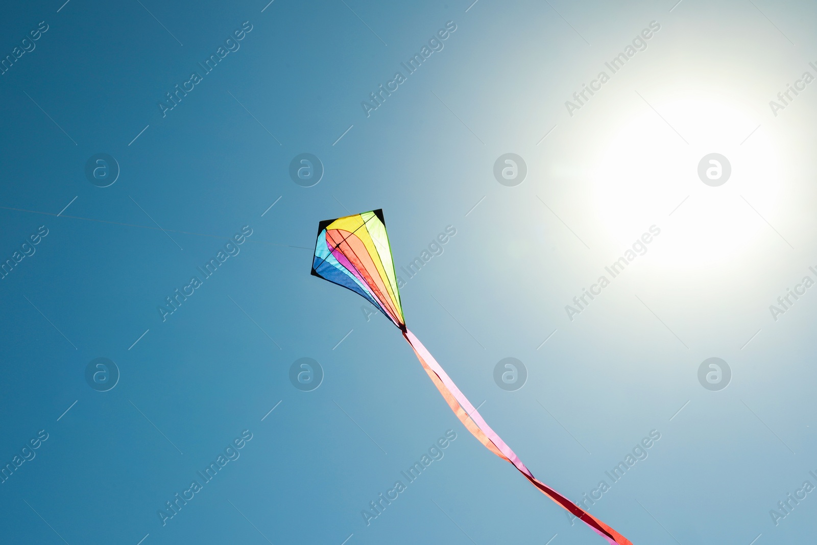 One colorful kite flying in sky on sunny day Photo of One colorful kite flying in sky on sunny day