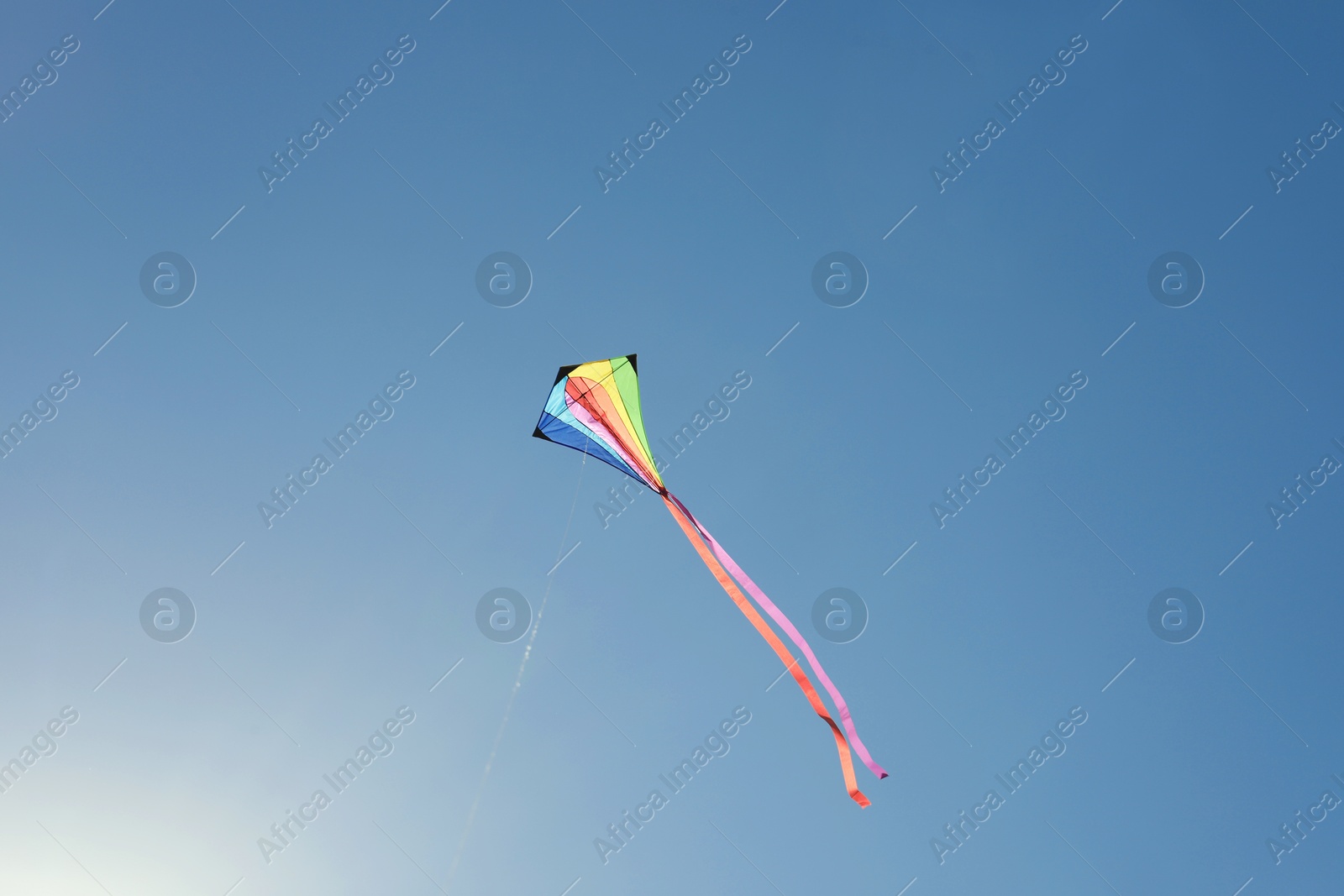 One colorful kite flying in blue sky on sunny day Photo of One colorful kite flying in blue sky on sunny day
