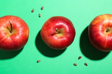 Red apples and seeds on green background, flat lay