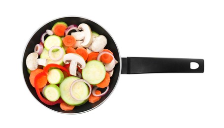 Photo of Frying pan with mix of fresh vegetables and mushrooms isolated on white, top view