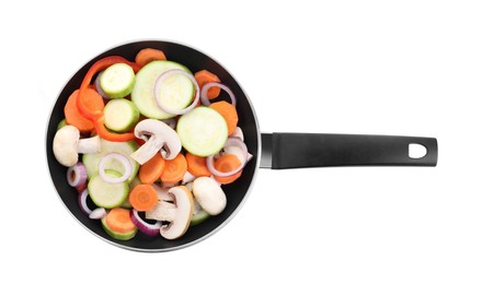 Photo of Frying pan with mix of fresh vegetables and mushrooms isolated on white, top view