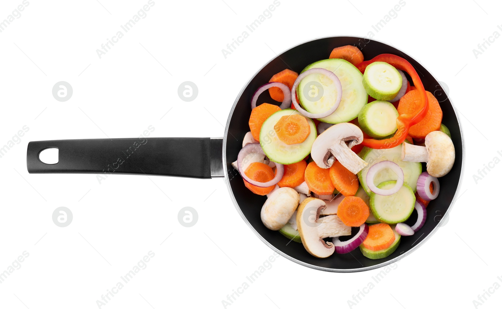 Photo of Frying pan with mix of fresh vegetables and mushrooms isolated on white, top view