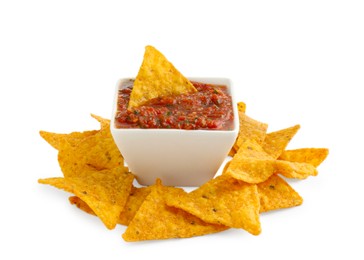 Photo of Tasty salsa sauce in bowl and tortilla chips isolated on white