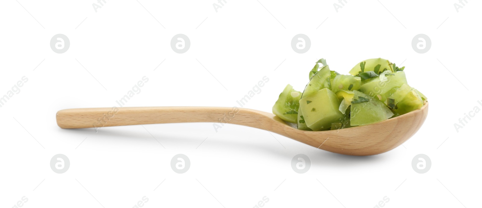 Photo of Delicious homemade green salsa in spoon isolated on white