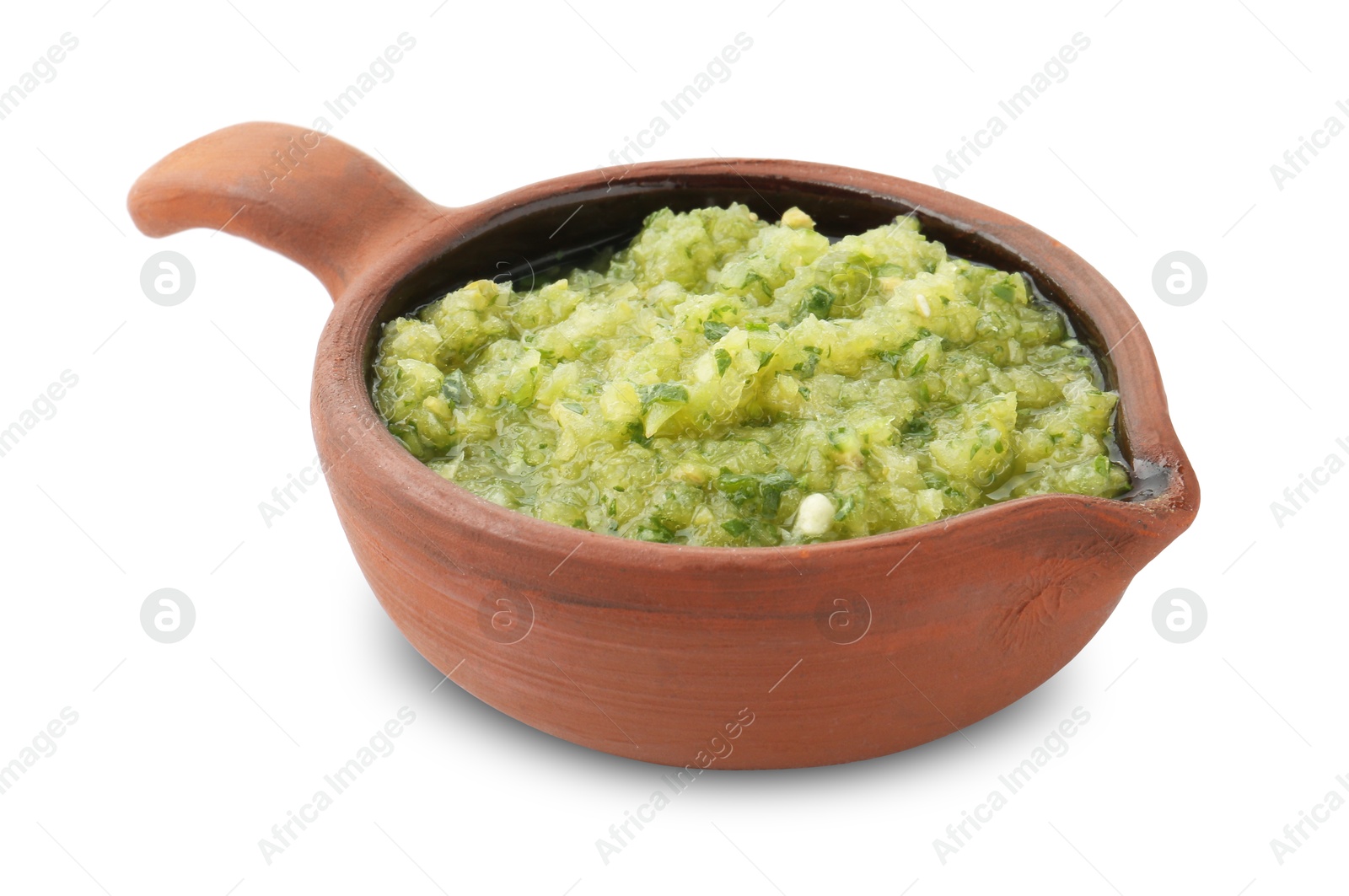 Photo of Delicious homemade green salsa isolated on white