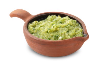 Photo of Delicious homemade green salsa isolated on white