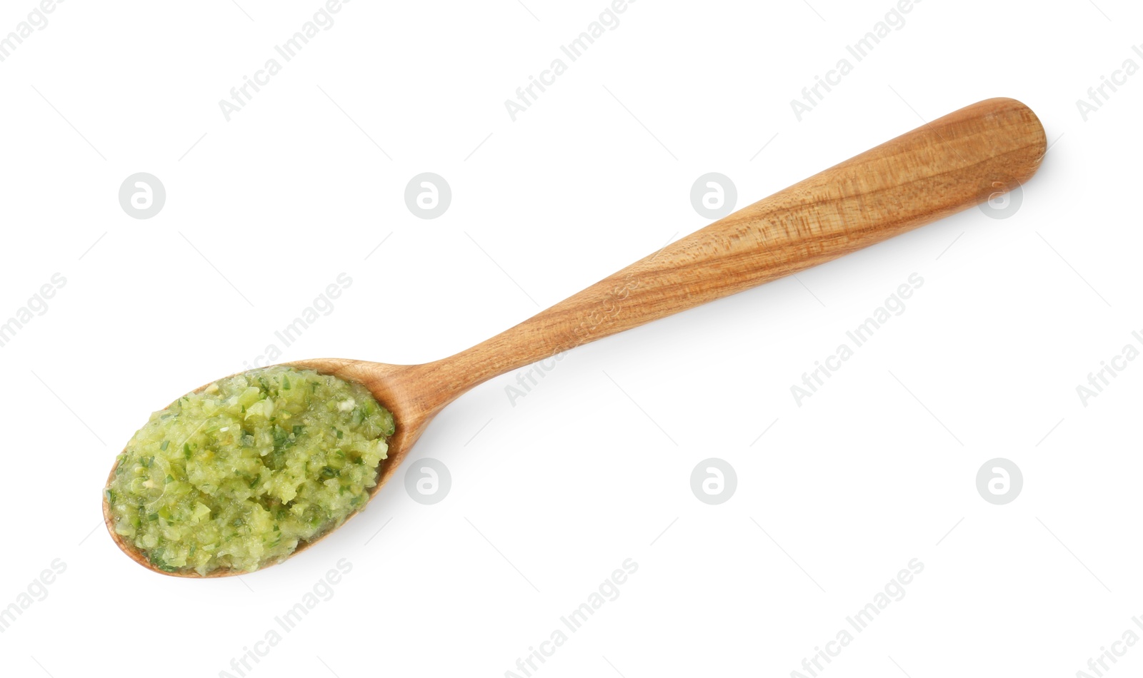 Photo of Delicious homemade green salsa in spoon isolated on white, top view