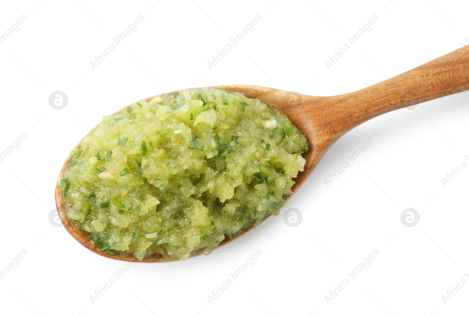 Photo of Delicious homemade green salsa in spoon isolated on white, top view