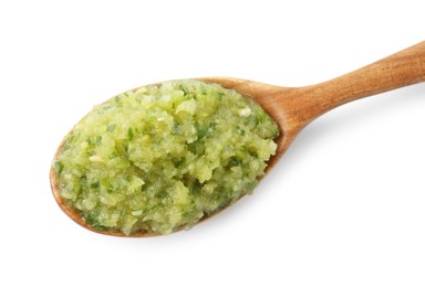 Photo of Delicious homemade green salsa in spoon isolated on white, top view