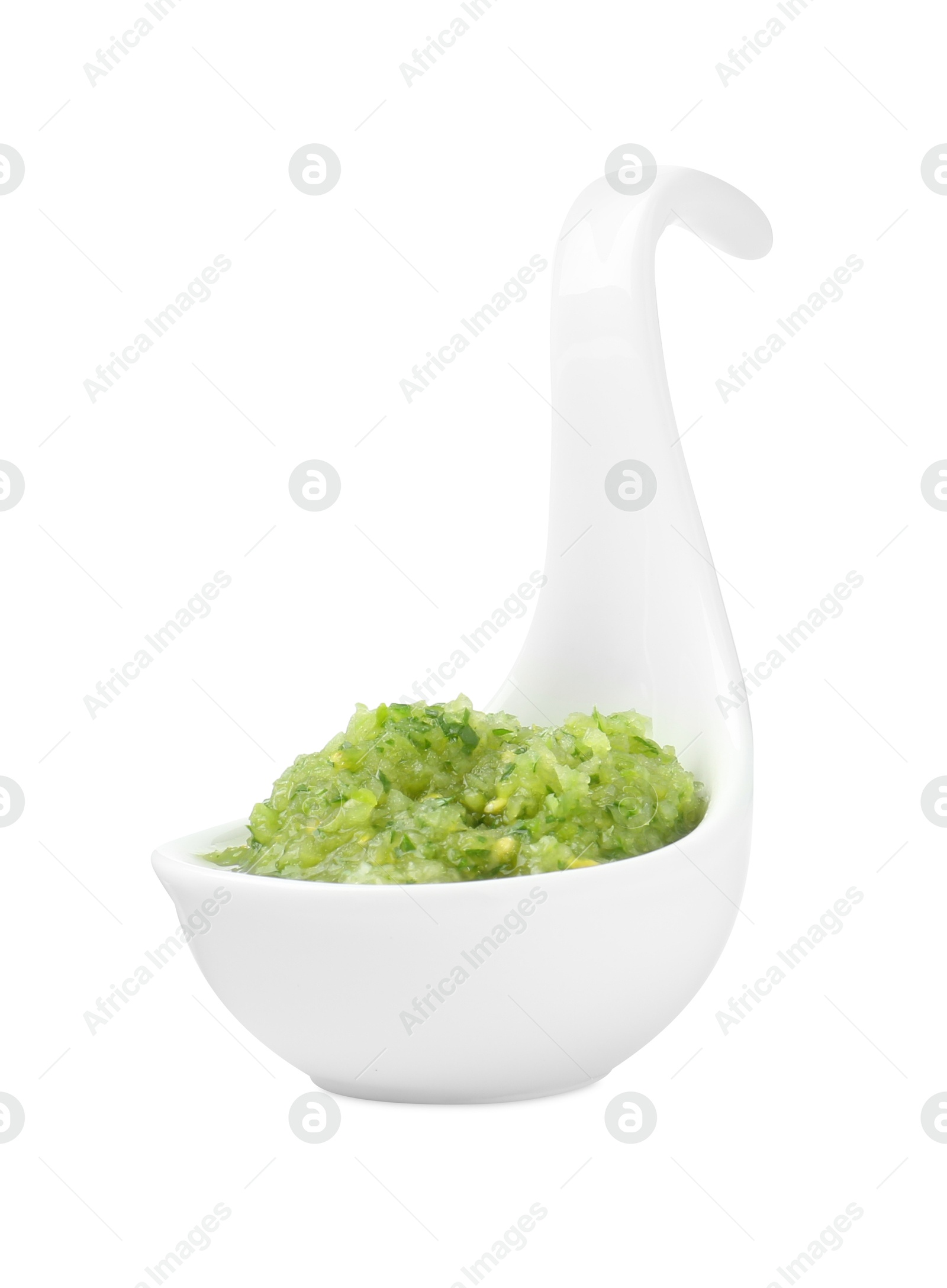 Photo of Delicious homemade green salsa isolated on white