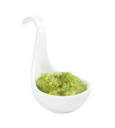 Photo of Delicious homemade green salsa isolated on white