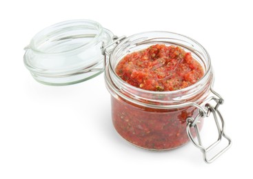 Photo of Delicious homemade red salsa in jar isolated on white