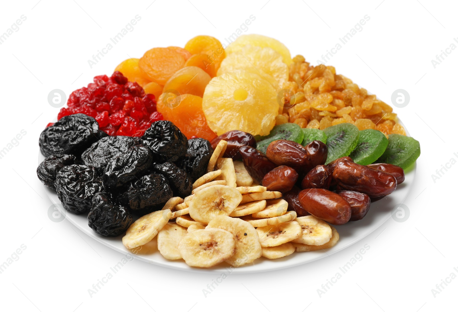 Photo of Mix of different dried fruits isolated on white