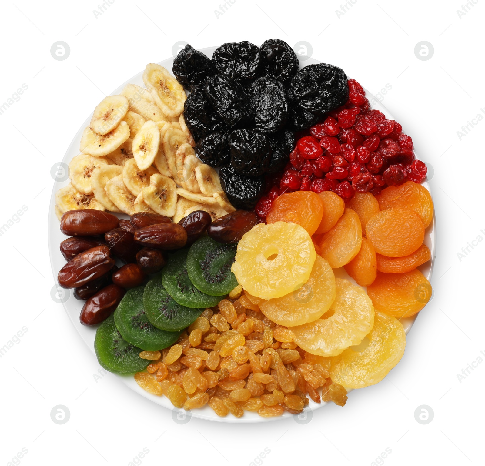 Photo of Mix of different dried fruits isolated on white, top view