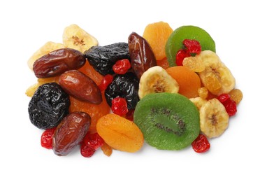 Photo of Mix of different dried fruits isolated on white, top view