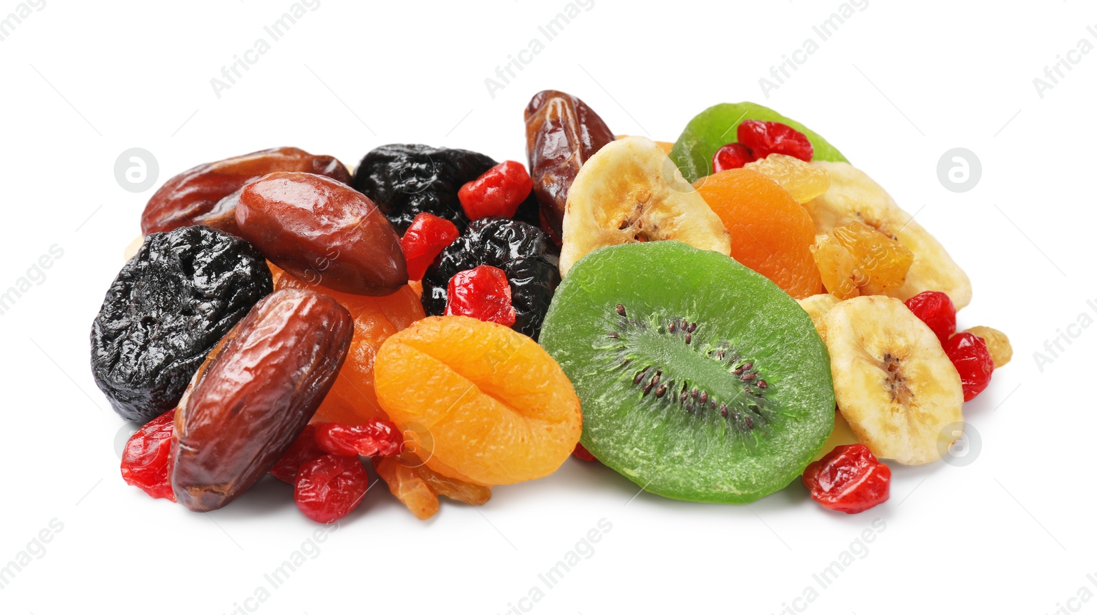 Photo of Mix of different dried fruits isolated on white