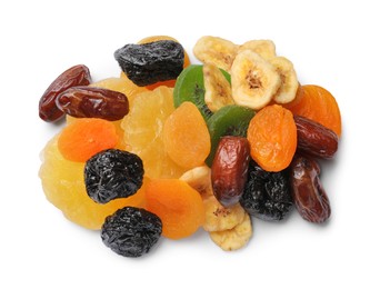 Photo of Mix of different dried fruits isolated on white, top view