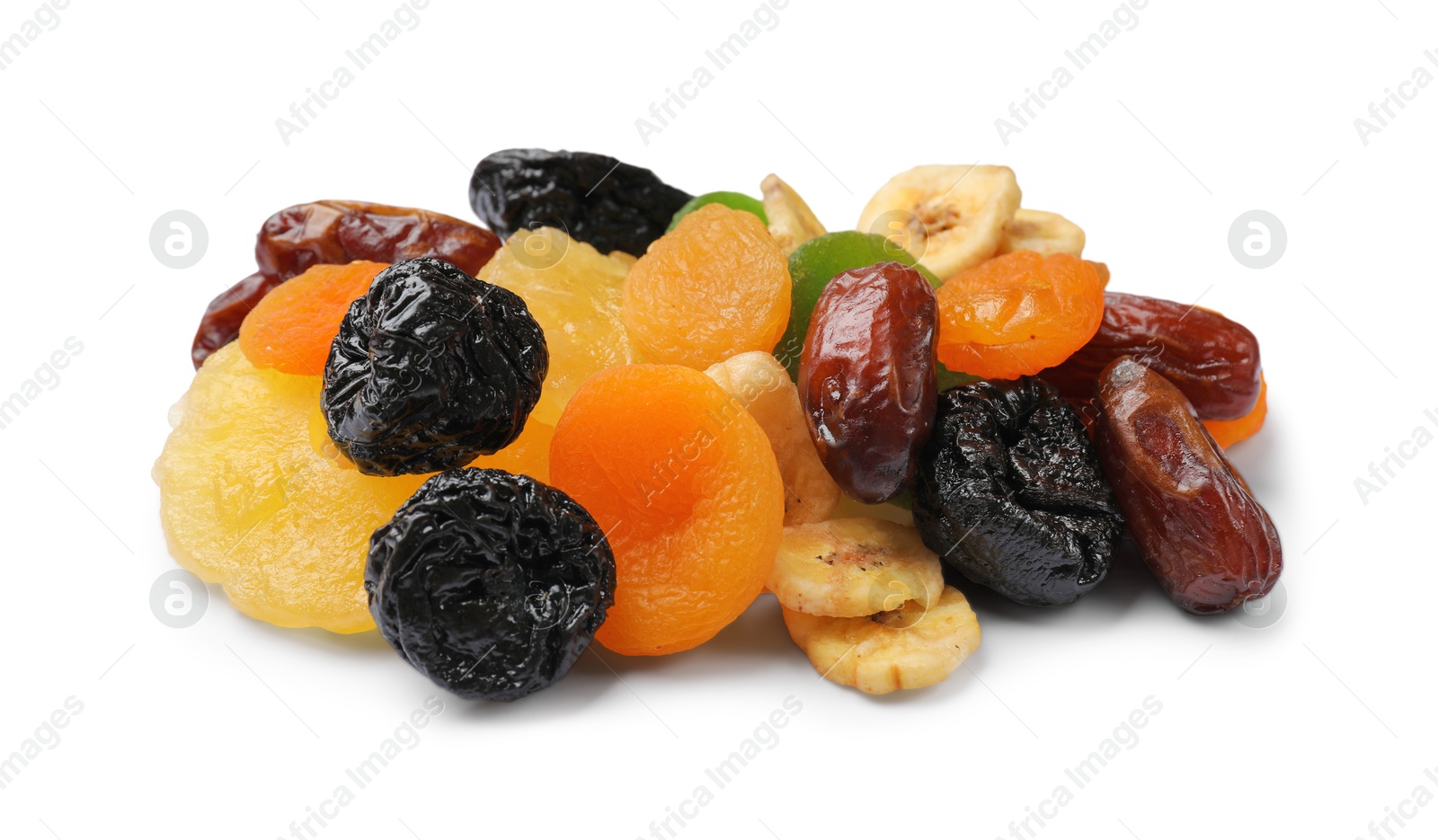 Photo of Mix of different dried fruits isolated on white