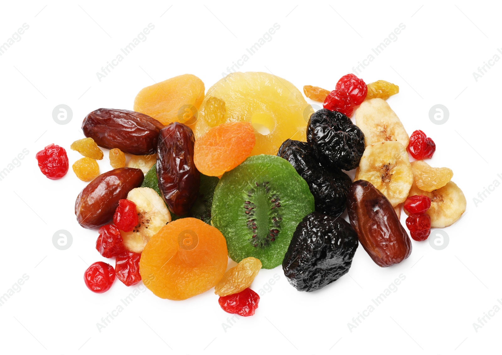 Photo of Mix of different dried fruits isolated on white, top view