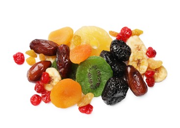 Photo of Mix of different dried fruits isolated on white, top view