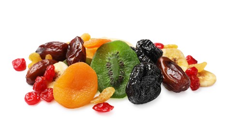 Photo of Mix of different dried fruits isolated on white