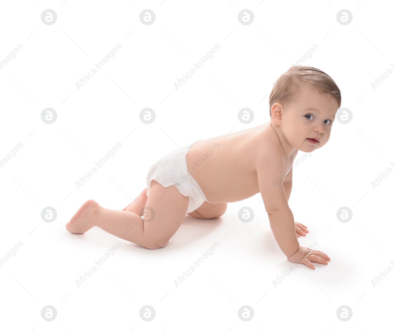 Photo of Cute little baby in diaper on white background